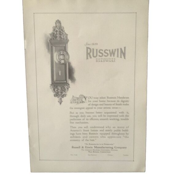 Vintage 1923 Russwin Hardware Russell Erwin Manufacturing Ad Advertisement - Picture 2 of 4